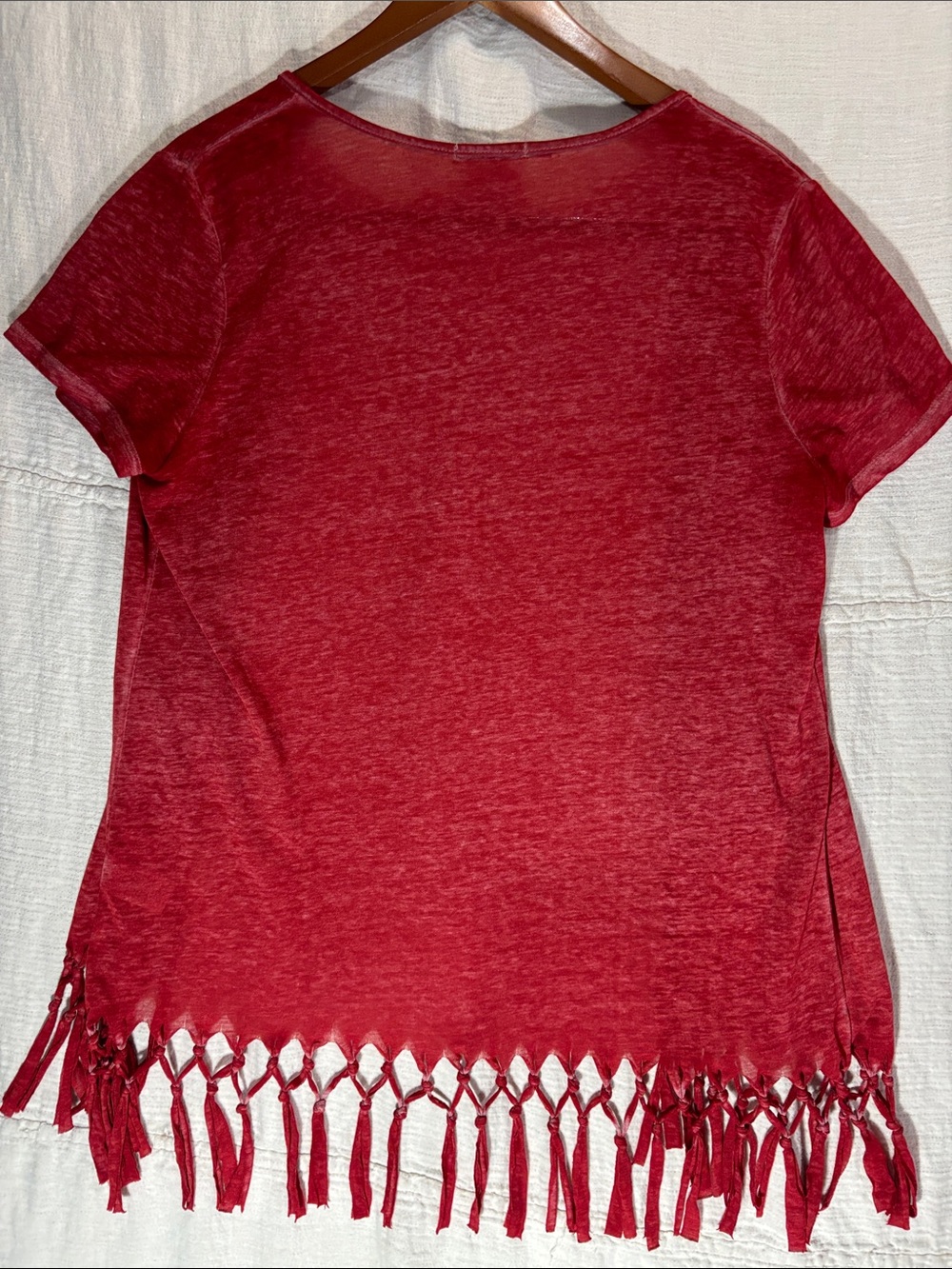 Maurices Red Short Sleeve Open Front Cardigan with Fringe Burnout Knit - Picture 8 of 13
